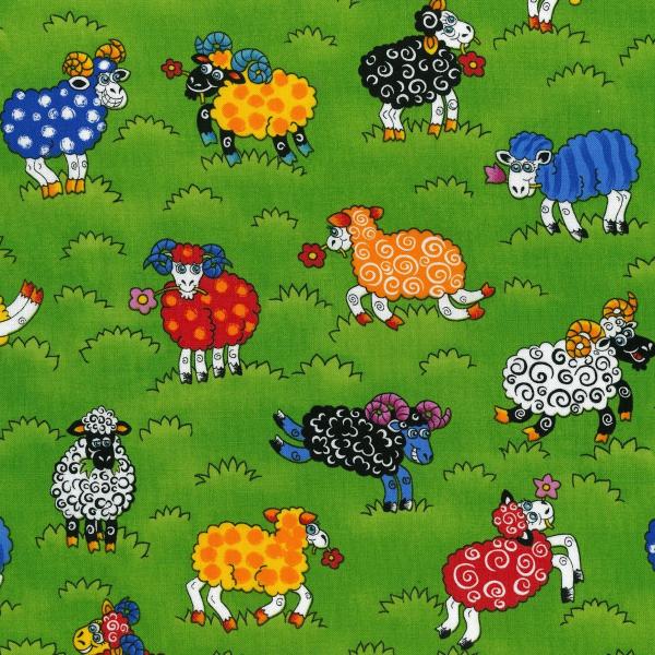Rainbow Sheep - Bright Cartoon Sheep on a Green Background - Click Image to Close